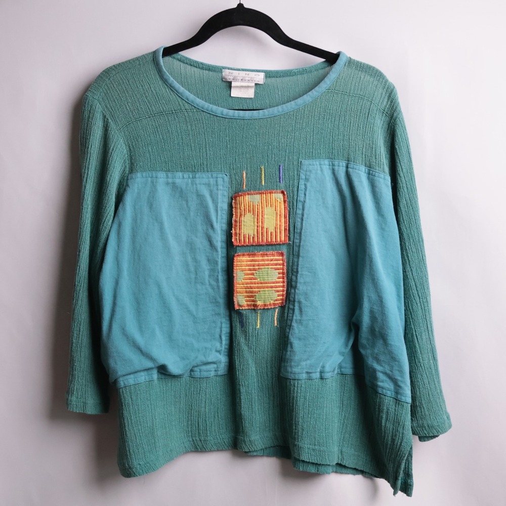 VTG Nino Wong California Teal Green Art to Wear Textured Mixed Media Top Boho XL